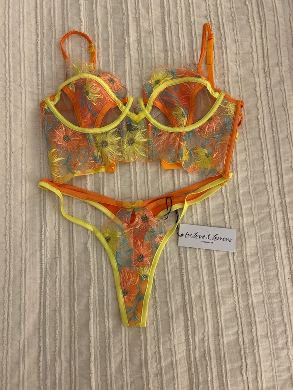 For Love And Lemons Orange & Yellow Floral Lace Underwire Bra & Thong Set